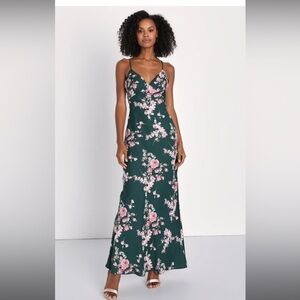 Irresistible Poise Green Floral Print Satin Slip Maxi Dress